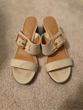 Tristan Beige Linen Slide Mules with Buckle Detail
